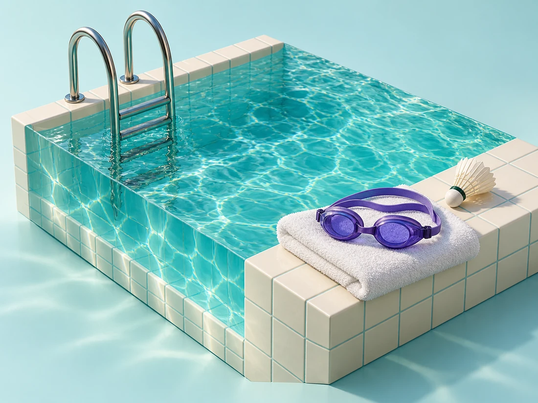 AI-generated three-dimensional concept of a pool, swimming goggles, towel and shuttlecock